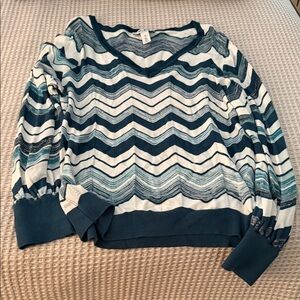 White House Black Market Teal and White V-Neck Sweater